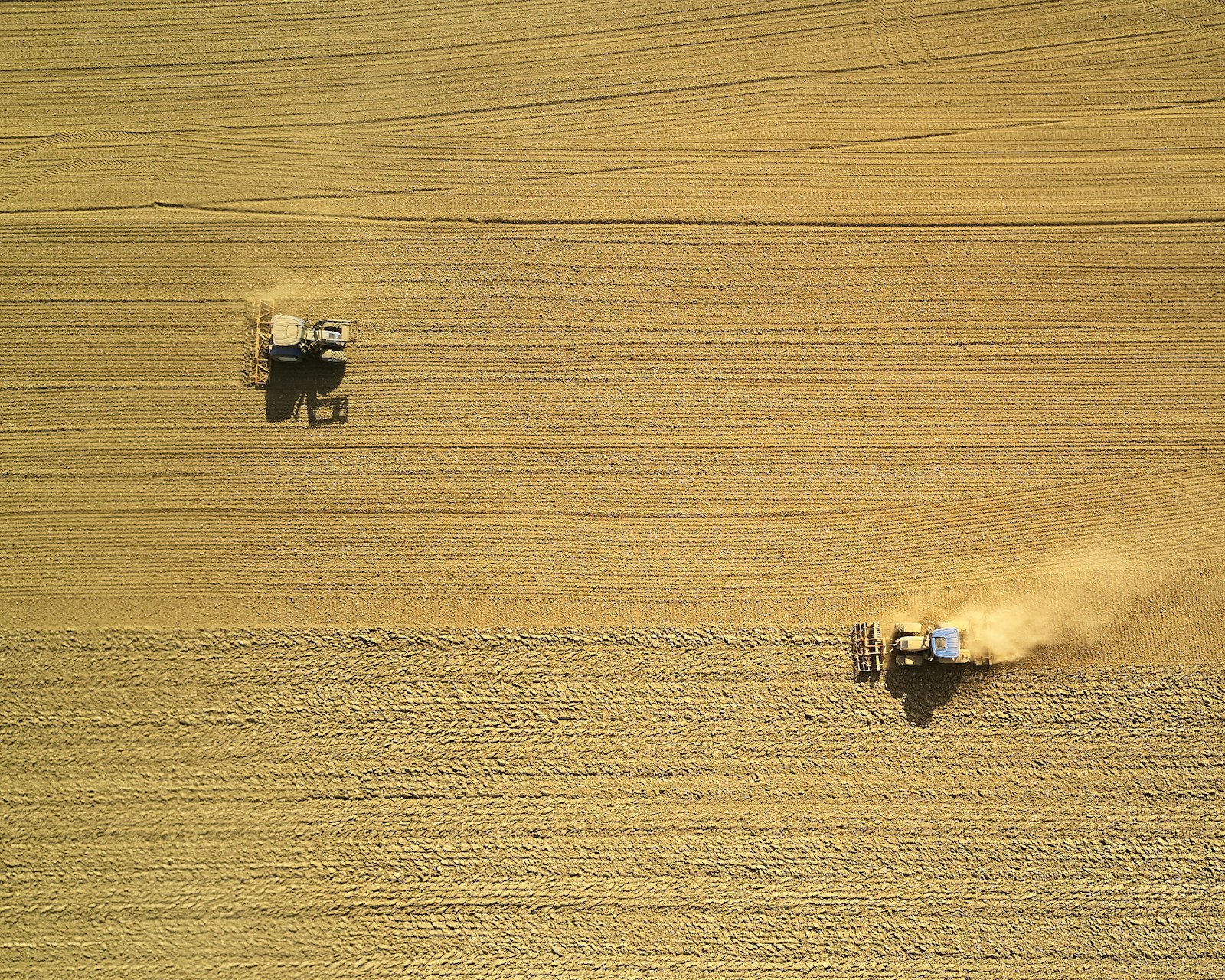 Vista aérea de cosechadoras trabajando en el campo